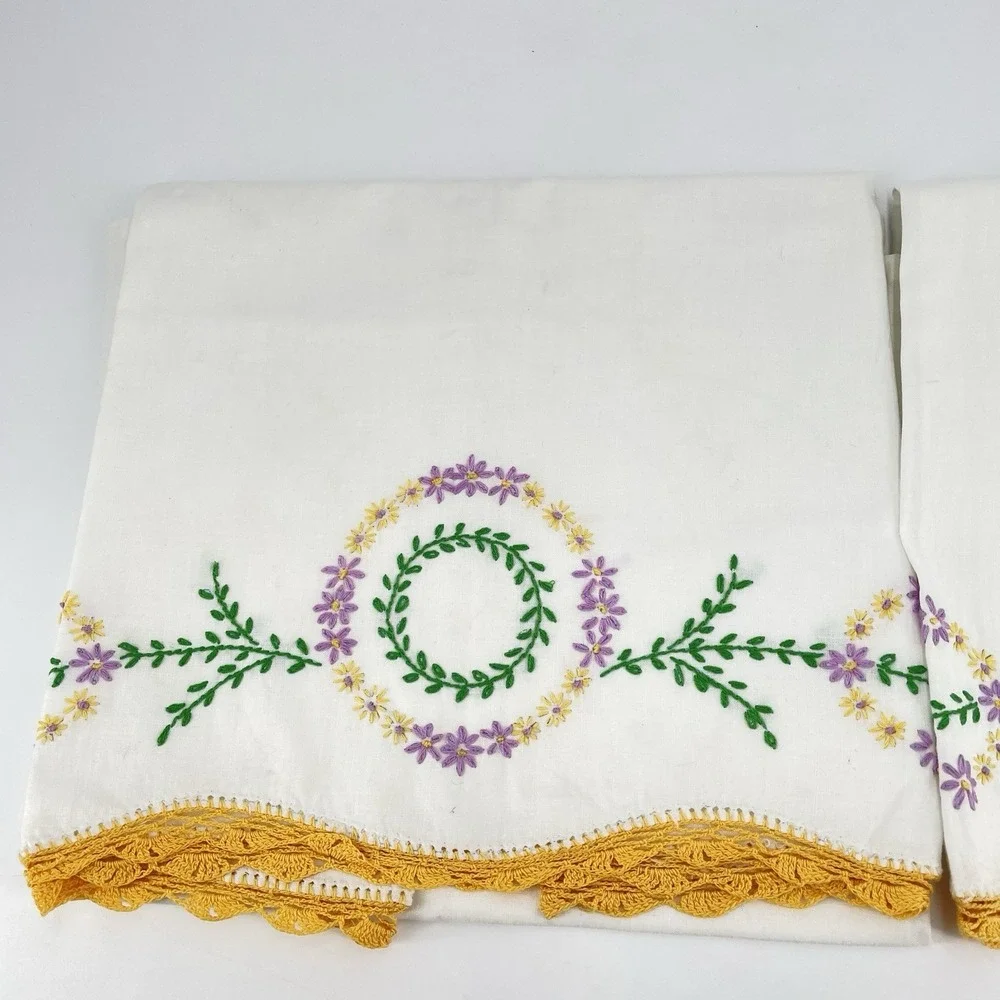 Vintage MCM Floral Embroidered Pillowcases Set of 2 White Cotton Crocheted Hems
